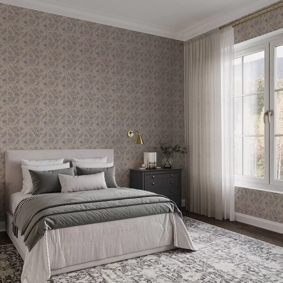 Tapeet Vintage linnud ja lilled pehmel beežil taustal a00423