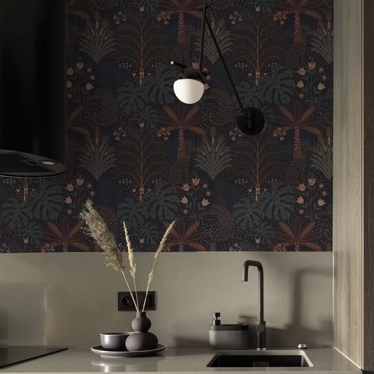 Tapeet Tume džungel koos leopardide palmide ja lilledega a00424