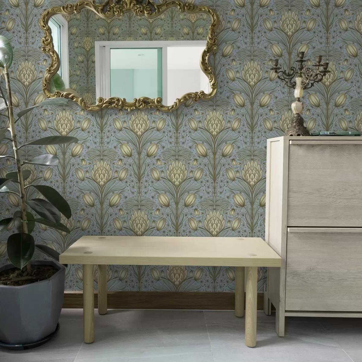 Tapeet Sinine muster artišokkide ja tulpidega a00435