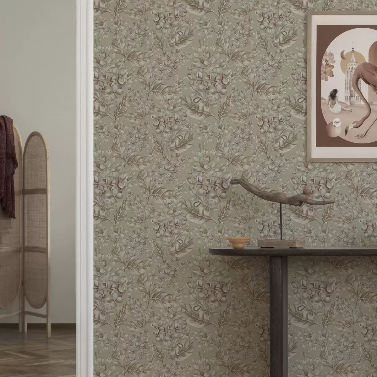 Tapeet Beežid oksad valgete lilledega soojades toonides a00441