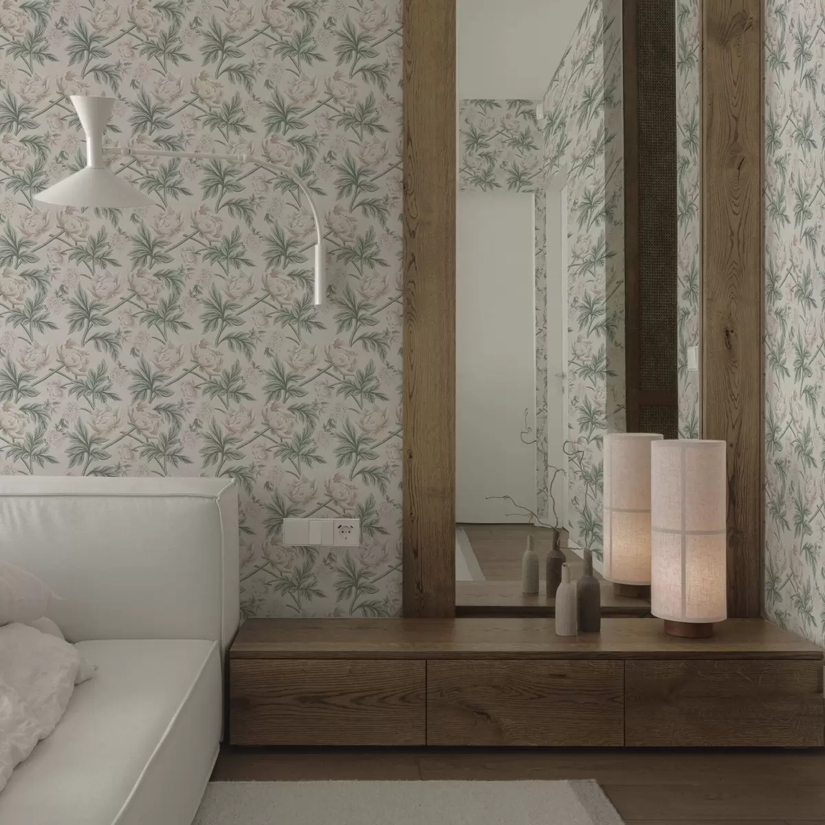 Tapeet Lopsakad pojengid helebeeži ja rohelise beeži ja rohelise värvusega a00445