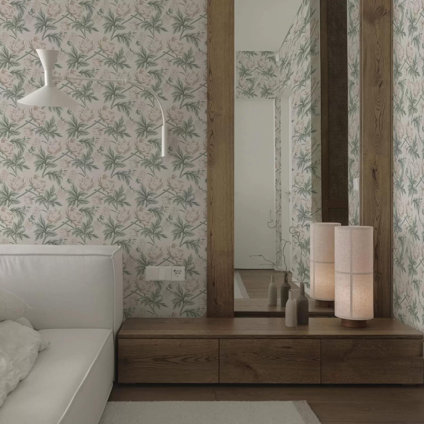 Fototapeedid Lopsakad pojengid helebeeži ja rohelise beeži ja rohelise värvusega a00445