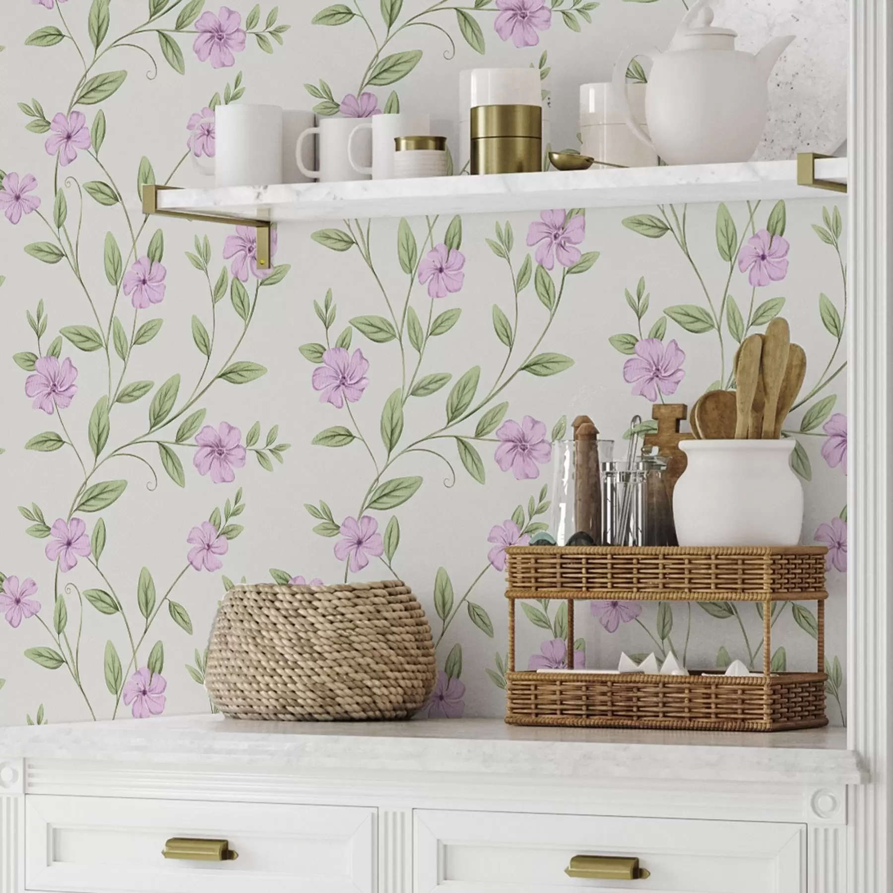 Fototapeedid Roosad lilled koos roheliste viinapuudega kreemilisel taustal a00453