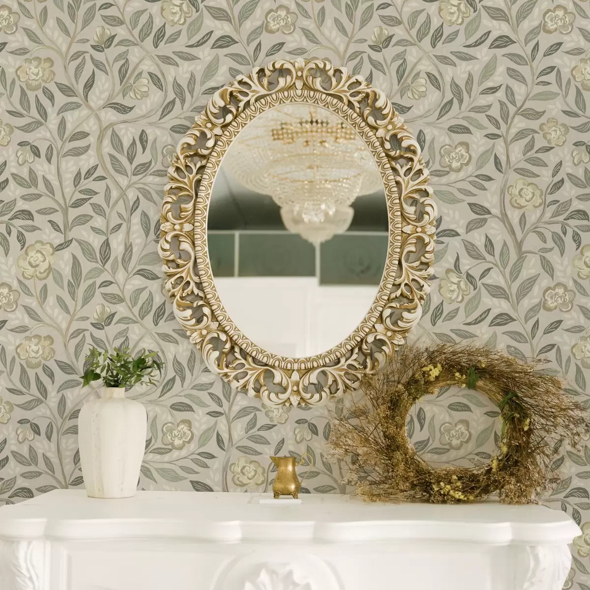 Tapeet Kreemjad roosid ja oliivipuu lehed tolmurosal taustal a00455