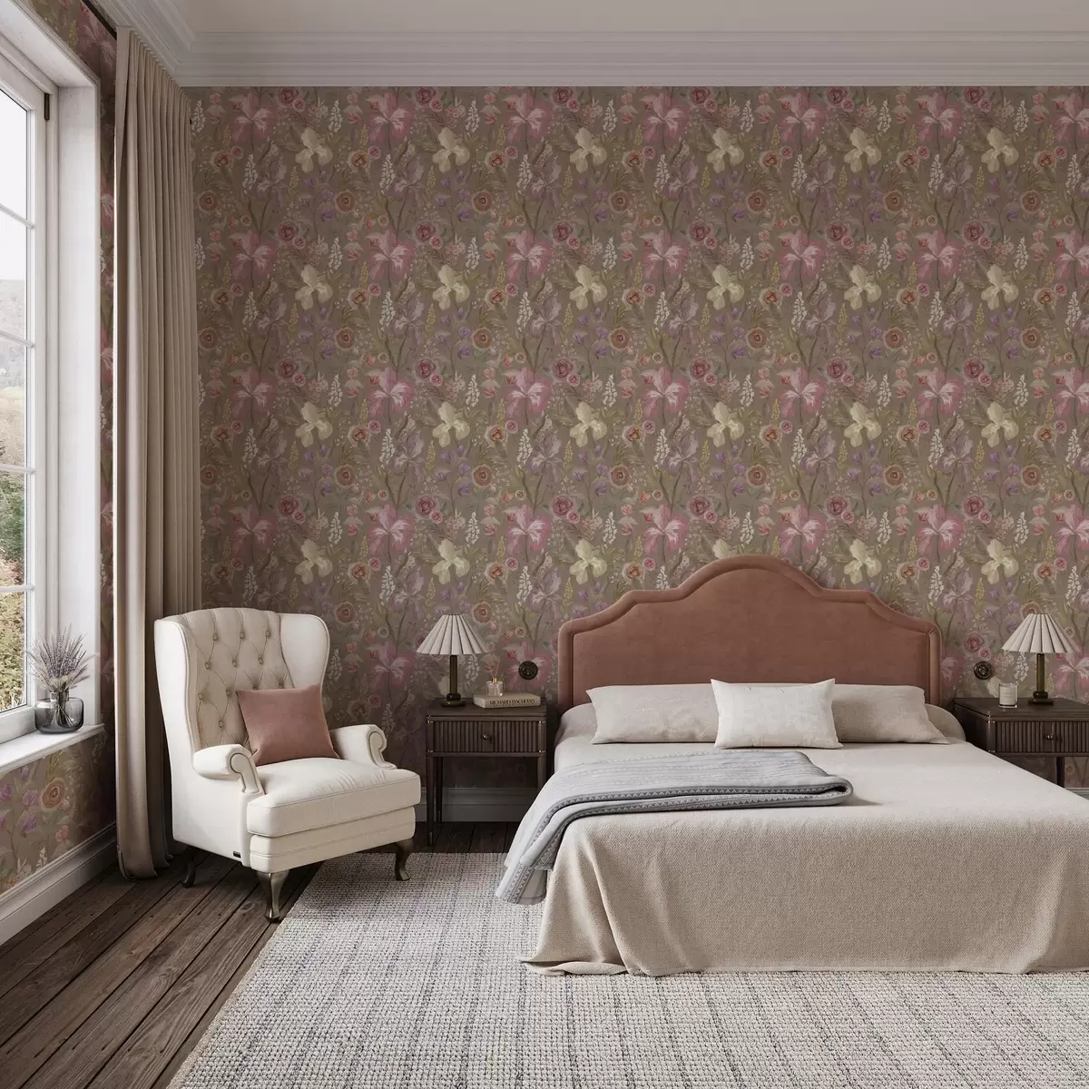 Tapeet Vintage roosa iirise lille muster beežil tekstuurilisel taustal a00457