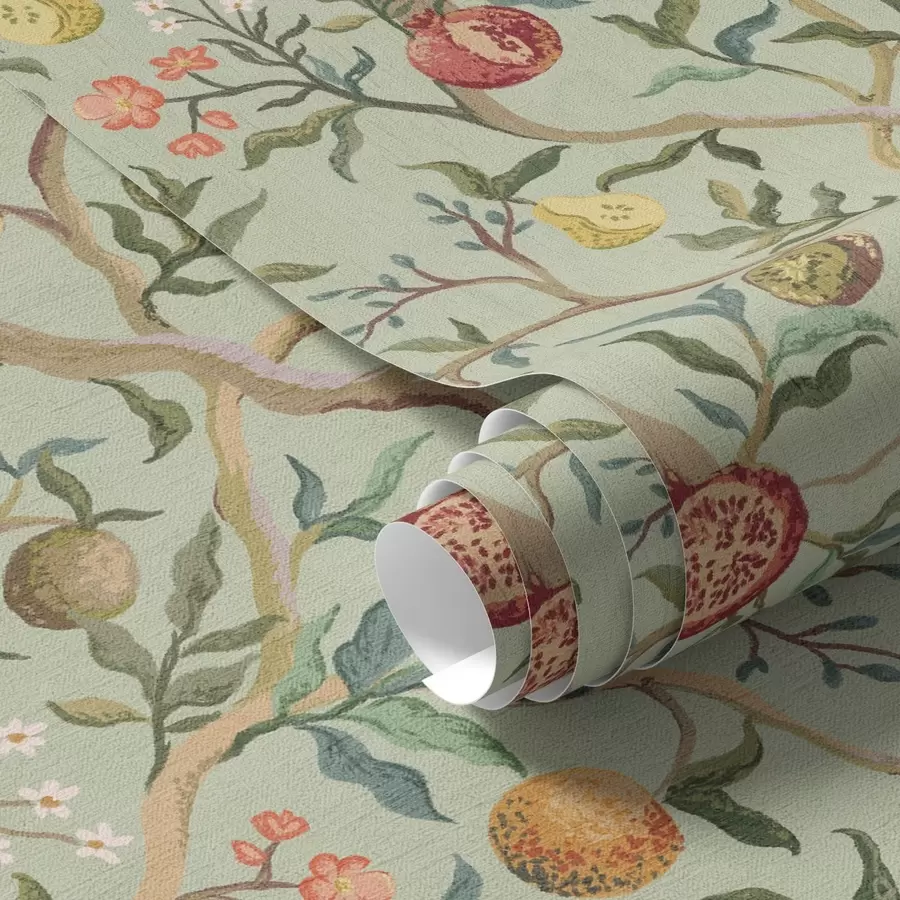 Fototapeedid Granaatõuna viljad, pirnid ja lilled kahvaturohelisel taustal a00465