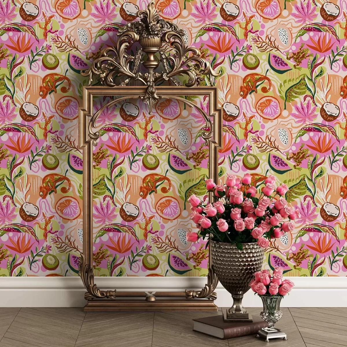 Tapeet Eksootilised puuviljad, lehed ja kameeleonid troopilises stiilis a00469