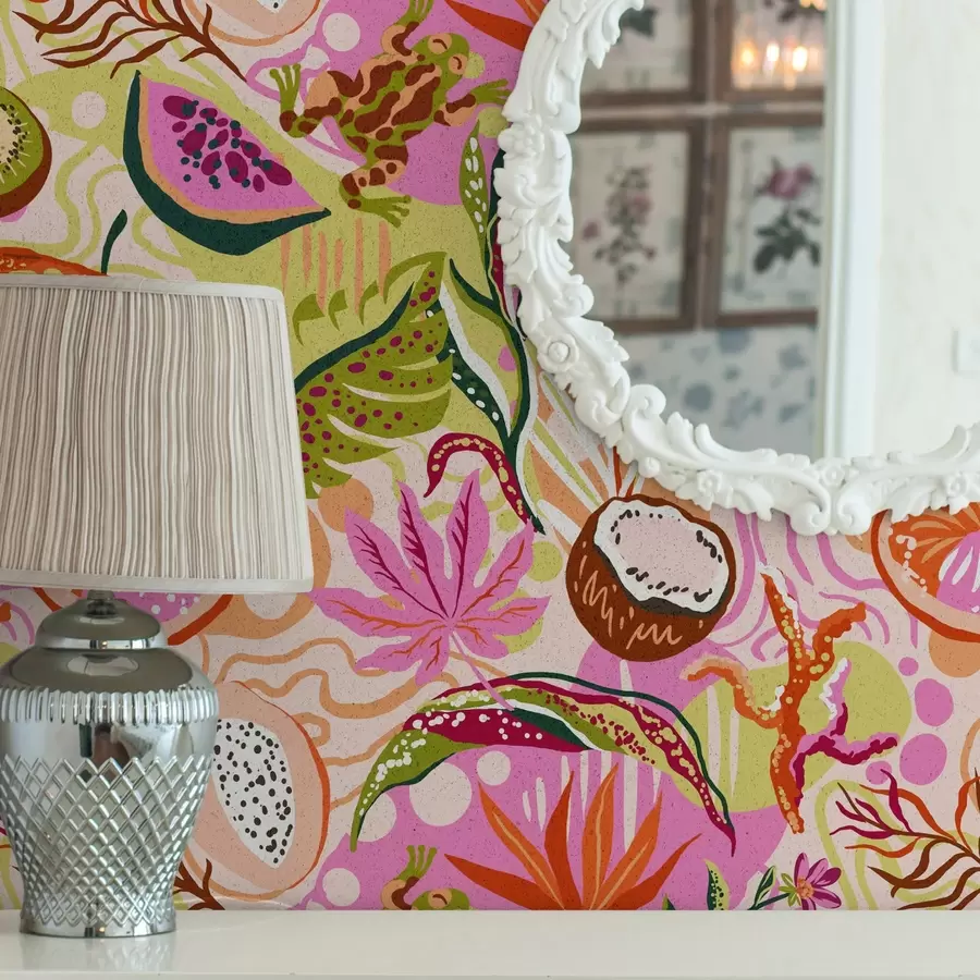 Fototapeedid Eksootilised puuviljad, lehed ja kameeleonid troopilises stiilis a00469