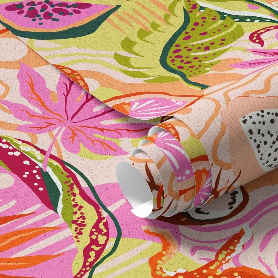 Fototapeedid Eksootilised puuviljad, lehed ja kameeleonid troopilises stiilis a00469