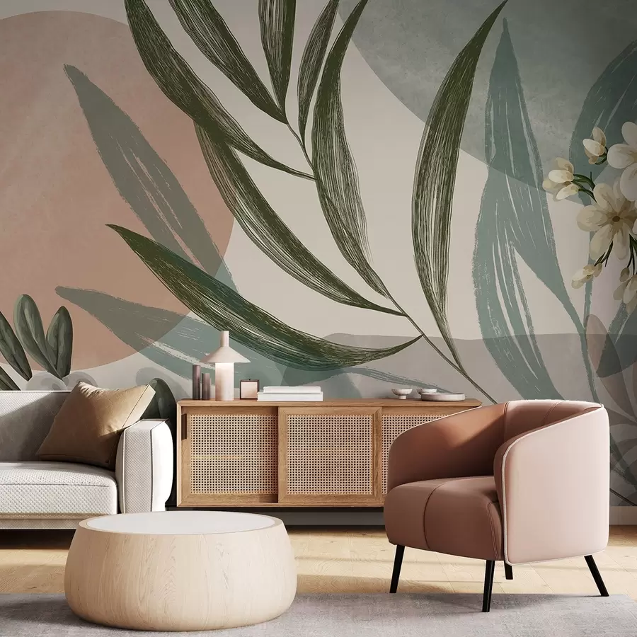 Fototapeedid Abstraktne botaaniline kunst roheliste palmilehtede ja valgete marjadega, taustaks mahedates toonides kujundid w09312