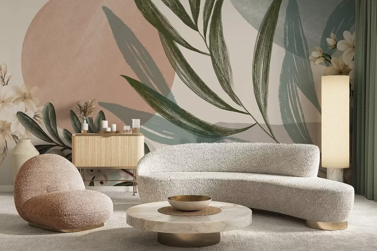 Fototapeedid Abstraktne botaaniline kunst roheliste palmilehtede ja valgete marjadega, taustaks mahedates toonides kujundid w09312