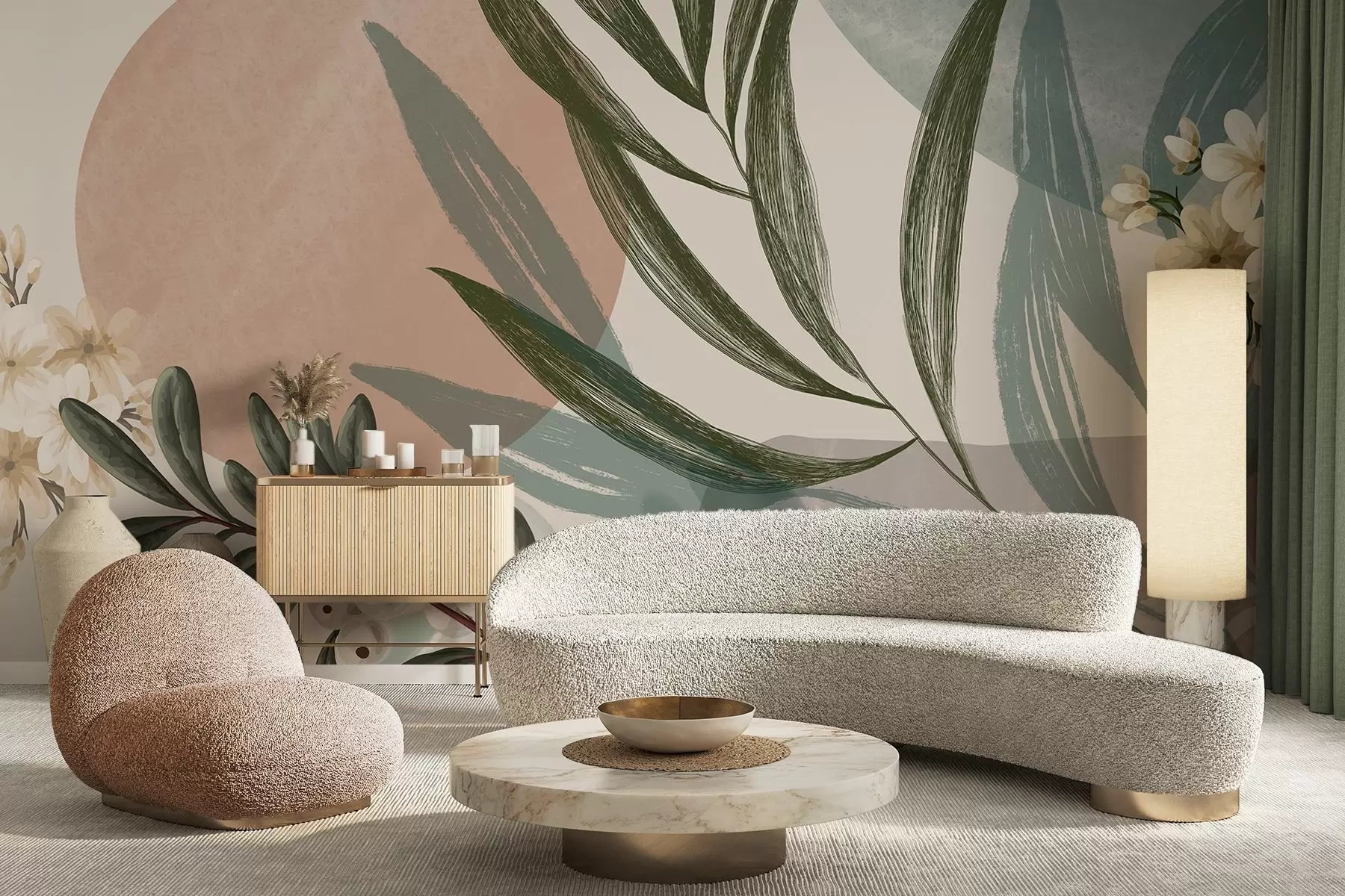 Fototapeedid Abstraktne botaaniline kunst roheliste palmilehtede ja valgete marjadega, taustaks mahedates toonides kujundid w09312