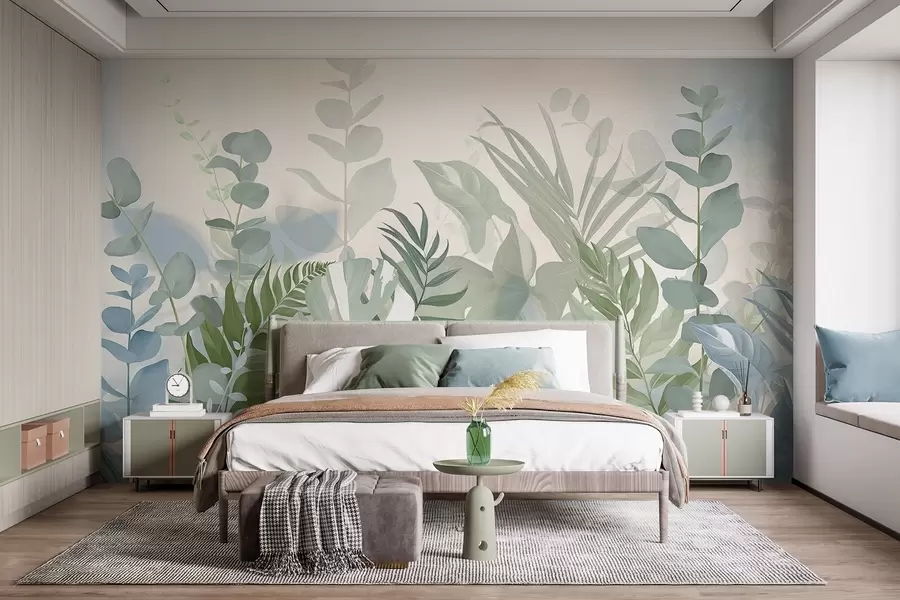 Fototapeedid Pastellrohelised taimed sõnajalad, monstera ja eukalüpt, kerge tekstuuriga taust, pehme valgustus, rahulik , botaaniline illustratsioon w09316