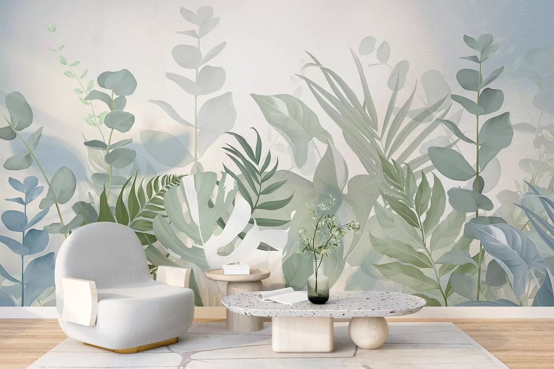 Fototapeedid Pastellrohelised taimed sõnajalad, monstera ja eukalüpt, kerge tekstuuriga taust, pehme valgustus, rahulik , botaaniline illustratsioon w09316