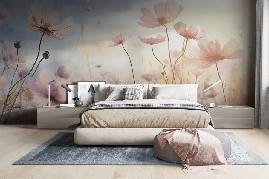 Fototapeedid Pikkade varrega roosa tekstuuriga lillede väli pehme sinise ja kollase taeva taustal, mis loob unenäolise atmosfääri w09320