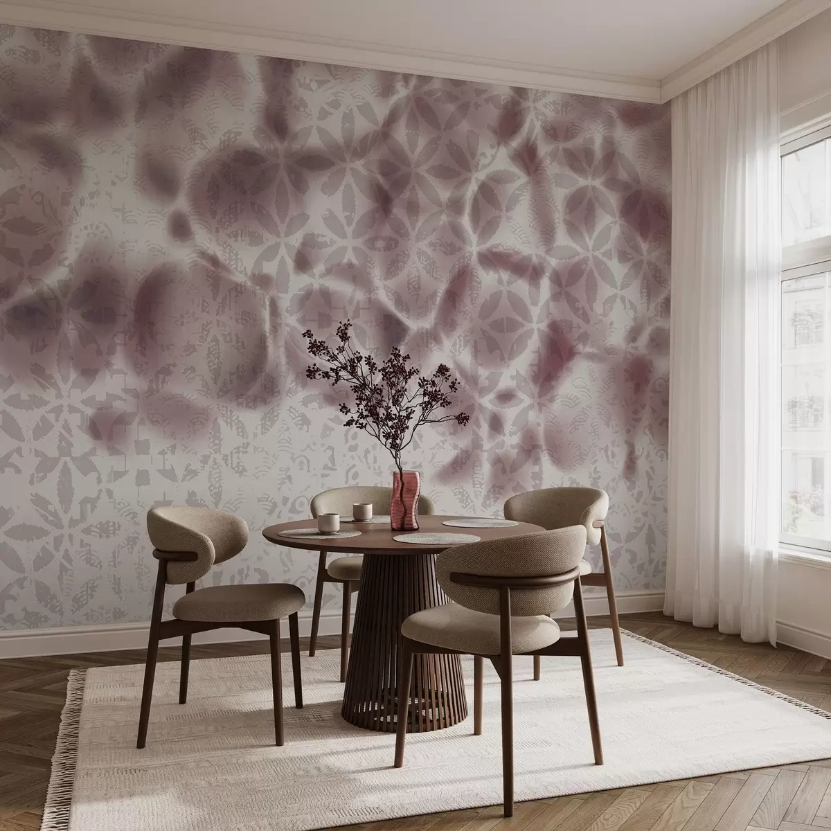 Fototapeedid Abstraktne tekstuurne kunst bordo lilleprindiga, pleekinud ja hägune efekt, mis loob pehme ja unenäolise atmosfääri w09322v1