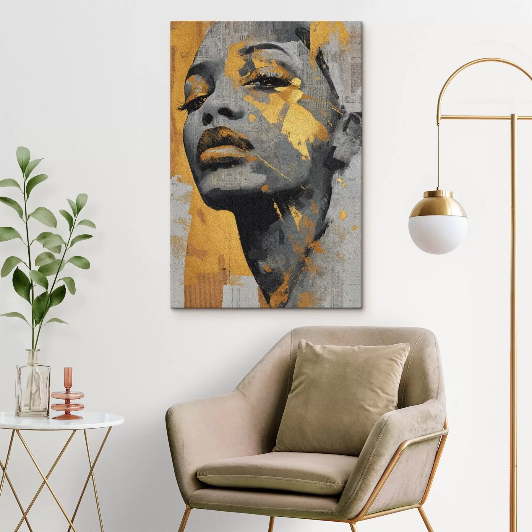 Pilt Segameedia portree ajalehefragmentide ja dekoratiivsete pintslitõmmetega s45419