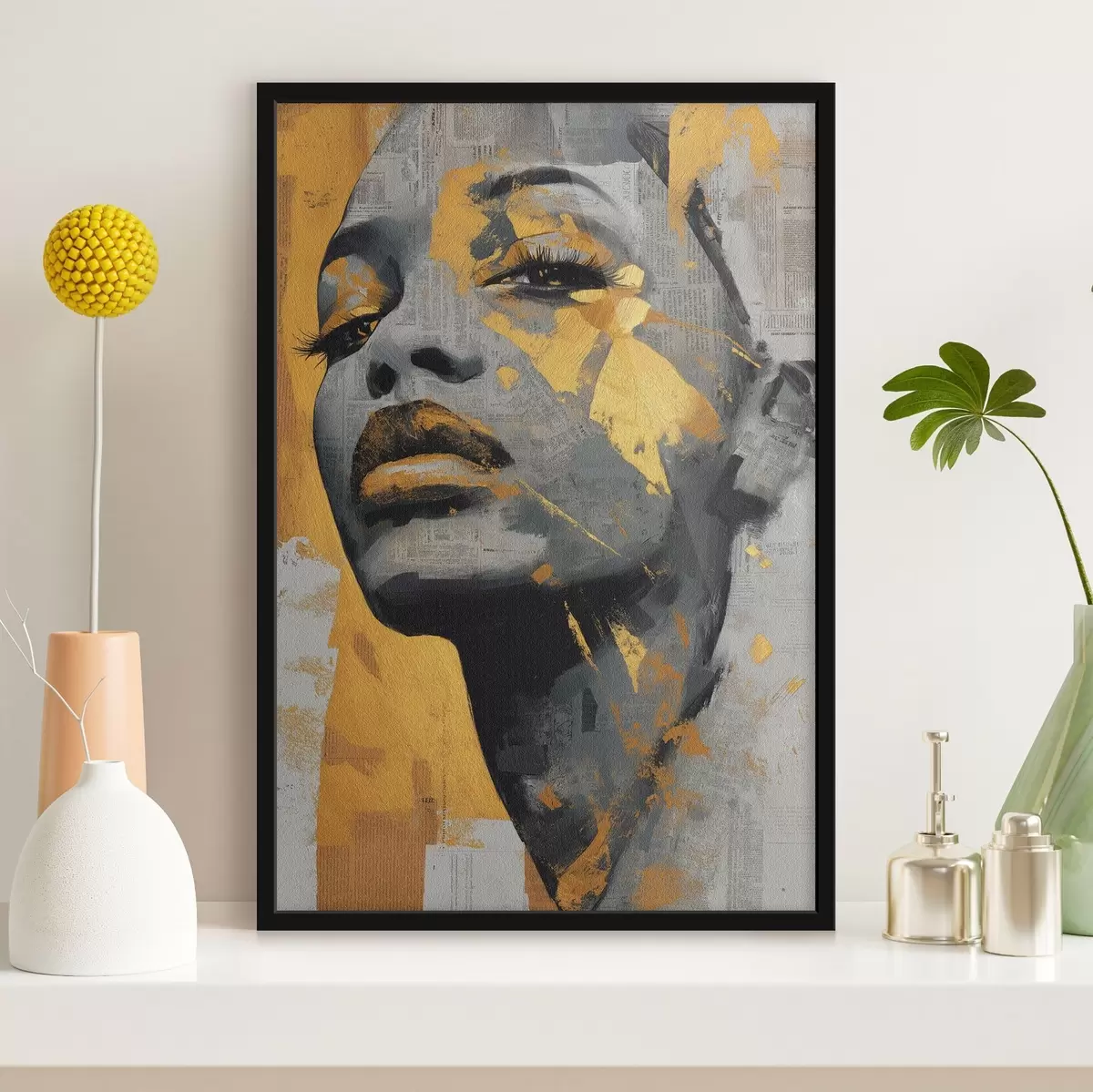 Plakat Segameedia portree ajalehefragmentide ja dekoratiivsete pintslitõmmetega f45419