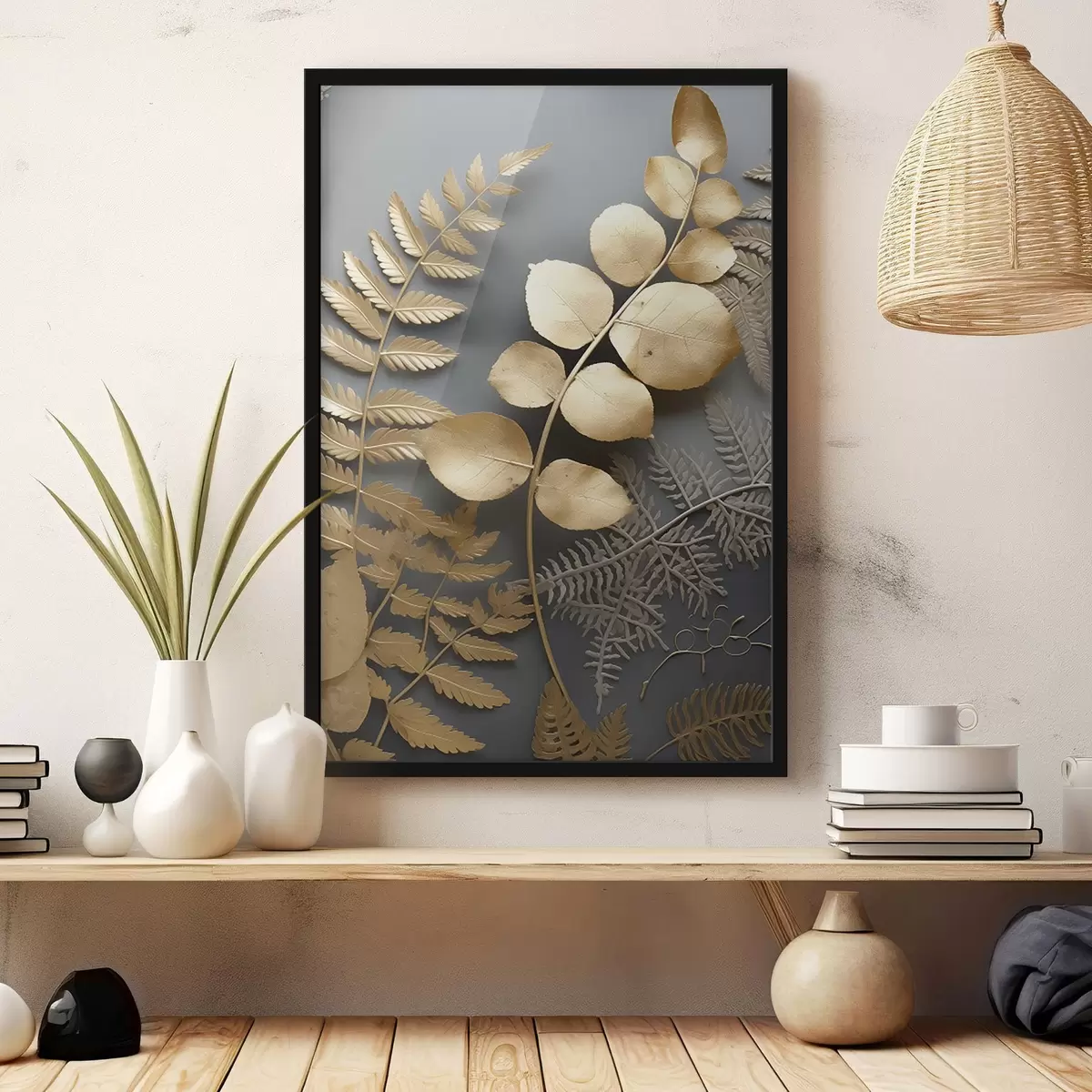 Plakat Sõnajalad ja eukalüptide oksad tumedal taustal f45334