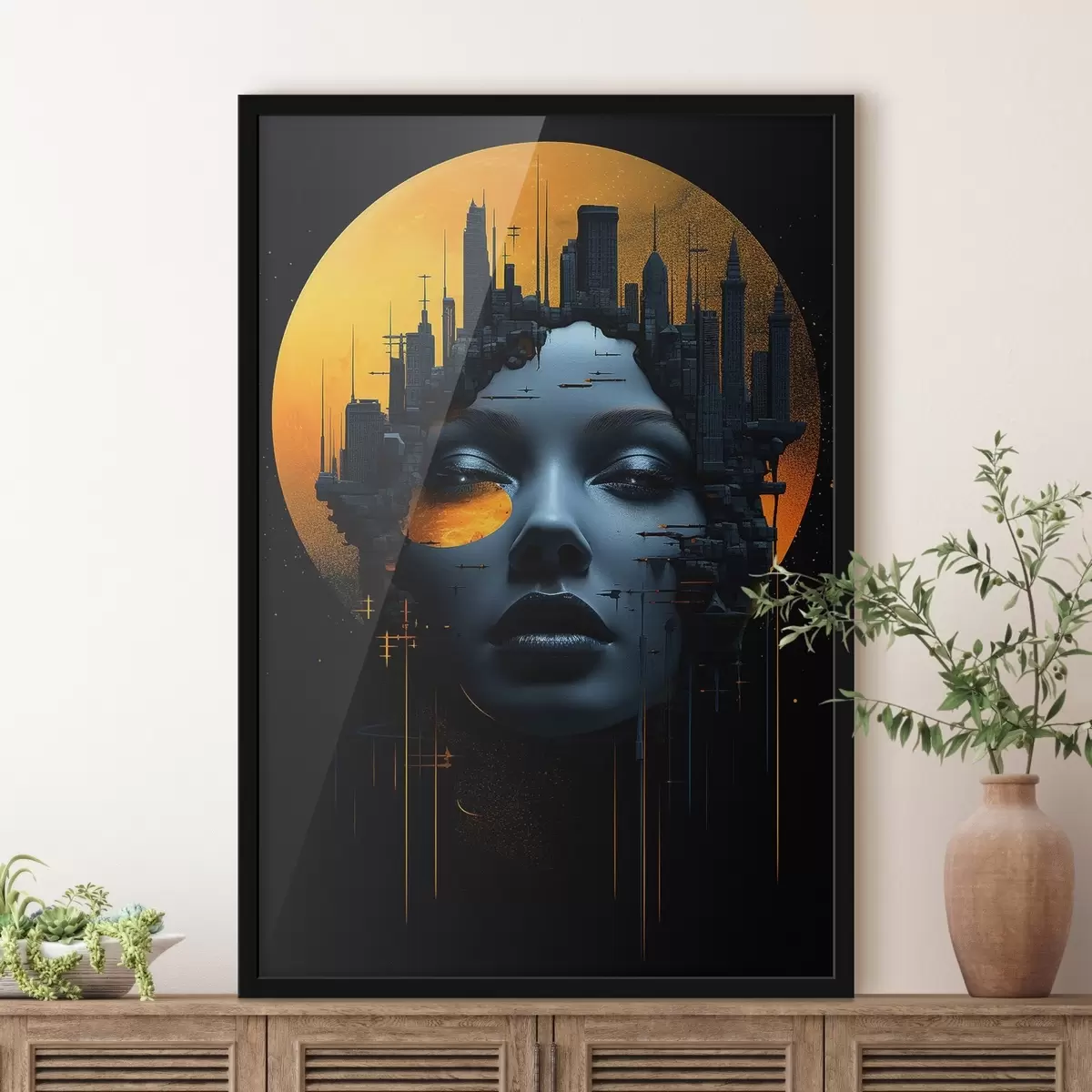 Plakat Inimesed, tüdruku nägu linna taustal, abstraktne f45341