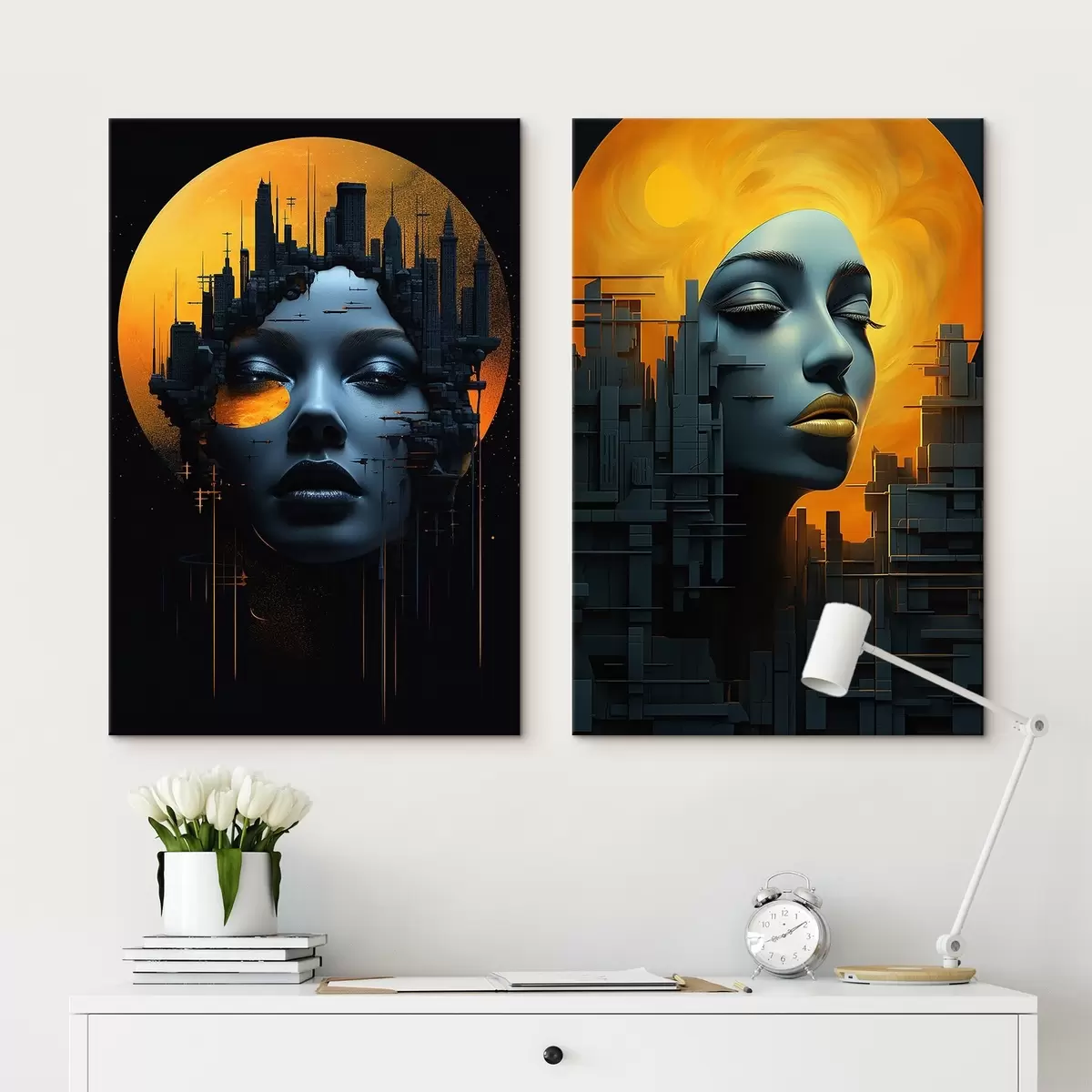 Pilt Tüdruku portree abstraktsel linna taustal m00618