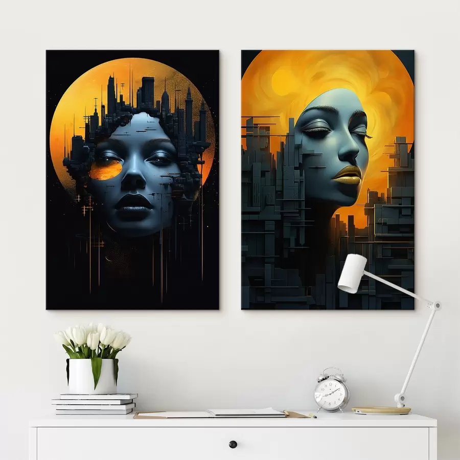 Pilt Tüdruku portree abstraktsel linna taustal m00618