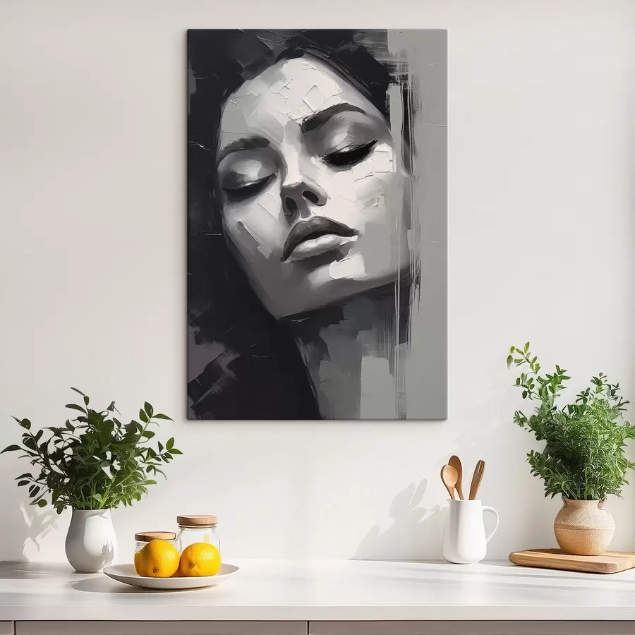 Pilt Must-valge portree suletud silmadega naisest s45479