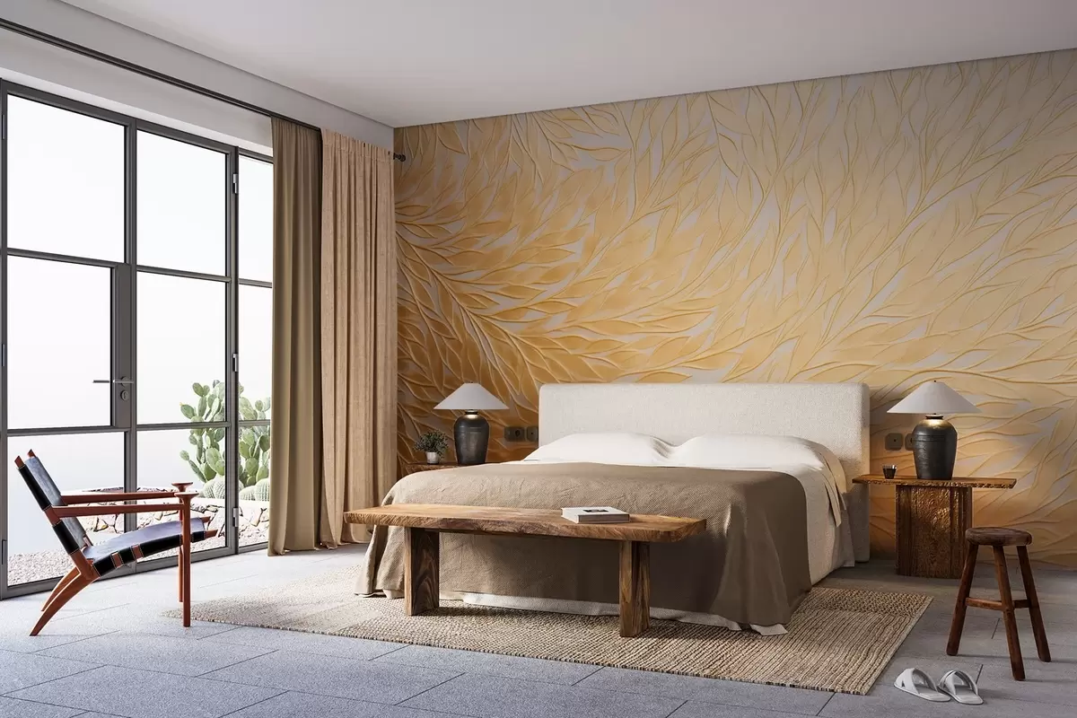 Fototapeedid Soojades meekollastes toonides reljeefne lehtede muster w09325