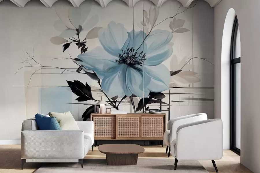 Fototapeedid Abstraktne tekstuurne sinine lill tumedate lehtede ja okstega, geomeetrilised minimalistlikud vormid ja jooned vaoshoitud värvides w09332