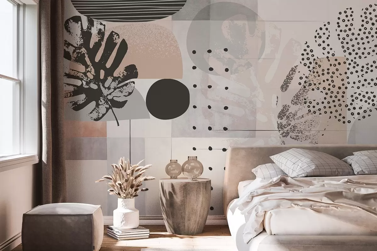 Fototapeedid Geomeetriliste kujundite ja monstera troopiliste lehtede, ringide, punktide ja joontega abstraktne trükis, kaasaegne ja minimalistlik disain w09333