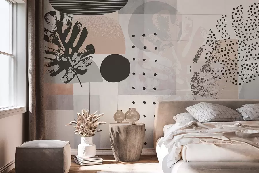 Fototapeedid Geomeetriliste kujundite ja monstera troopiliste lehtede, ringide, punktide ja joontega abstraktne trükis, kaasaegne ja minimalistlik disain w09333