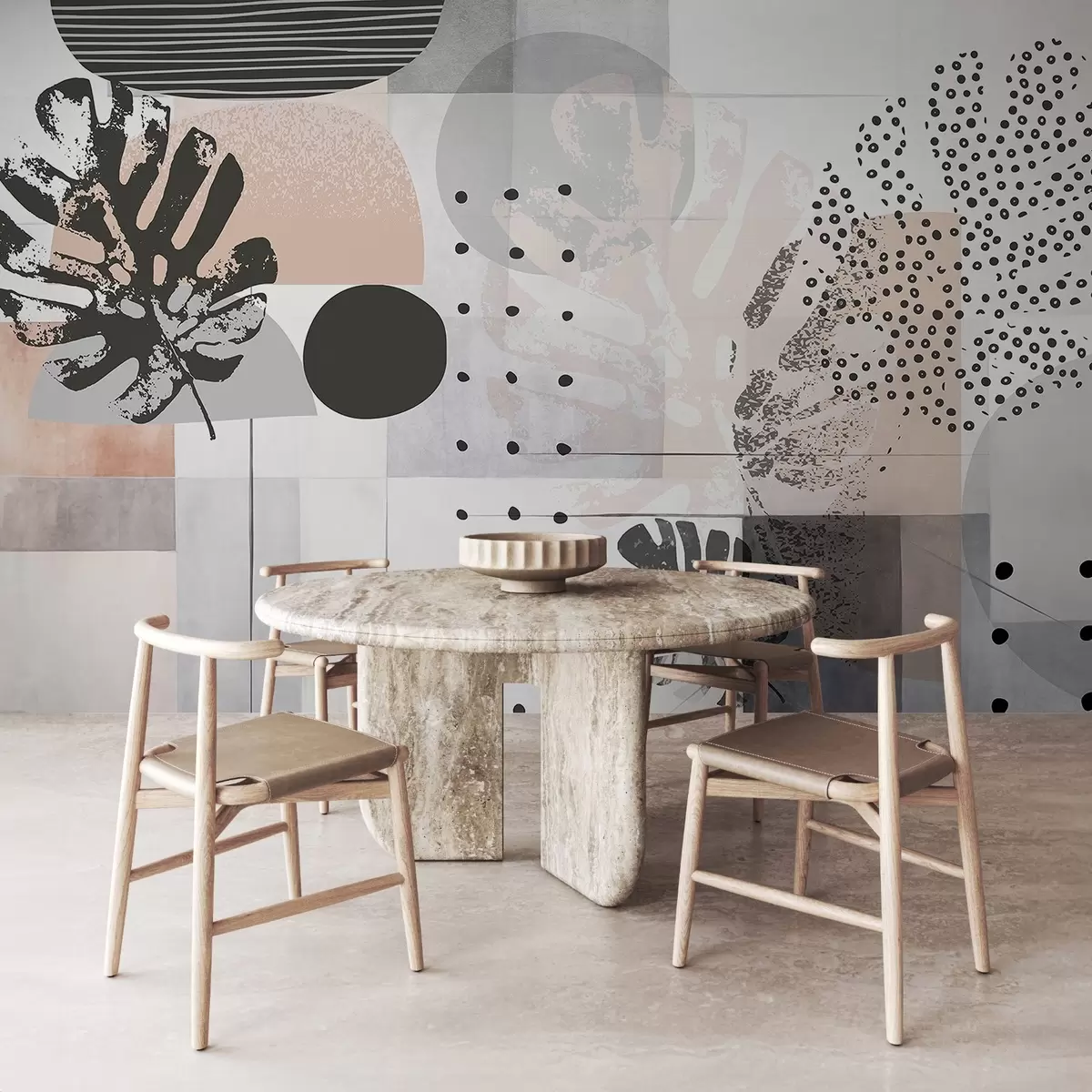 Fototapeedid Geomeetriliste kujundite ja monstera troopiliste lehtede, ringide, punktide ja joontega abstraktne trükis, kaasaegne ja minimalistlik disain w09333