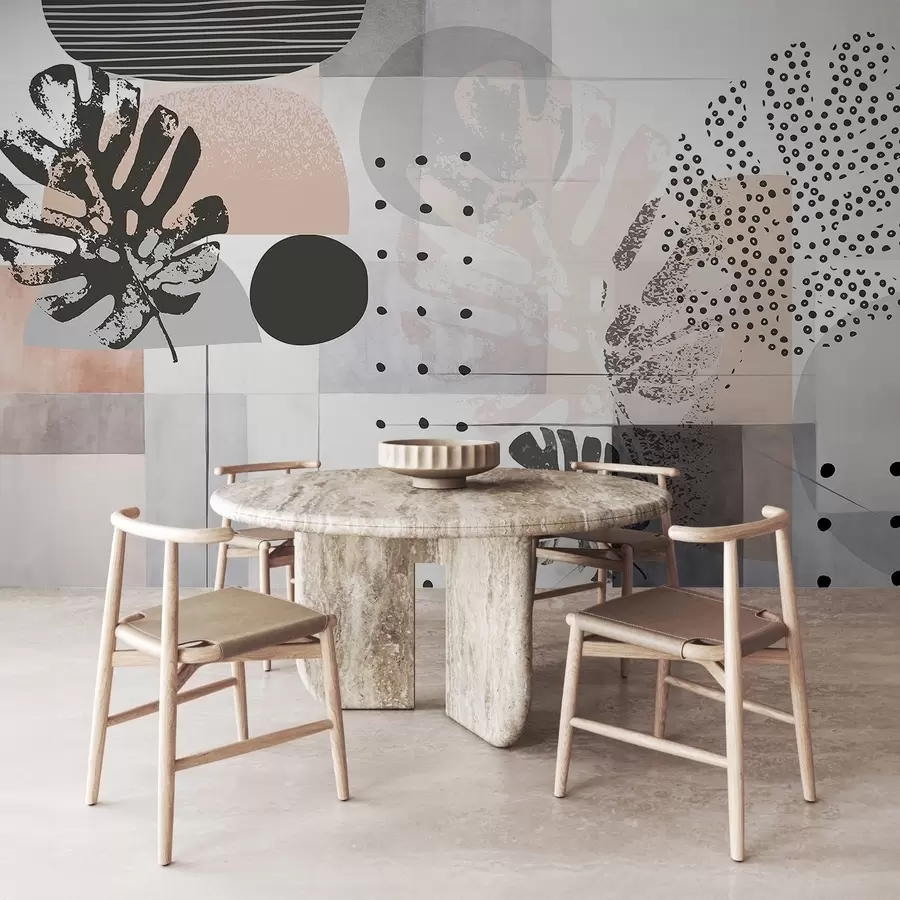 Fototapeedid Geomeetriliste kujundite ja monstera troopiliste lehtede, ringide, punktide ja joontega abstraktne trükis, kaasaegne ja minimalistlik disain w09333