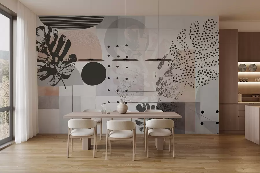 Fototapeedid Geomeetriliste kujundite ja monstera troopiliste lehtede, ringide, punktide ja joontega abstraktne trükis, kaasaegne ja minimalistlik disain w09333