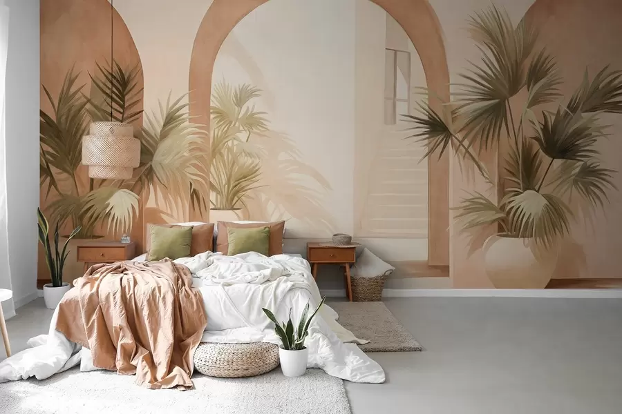 Fototapeedid Tekstuursed kaared koos potitaimedega, helebeež värvipalett, minimalistlik kujundus, taustal trepikoda w09339