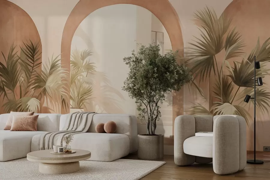 Fototapeedid Tekstuursed kaared koos potitaimedega, helebeež värvipalett, minimalistlik kujundus, taustal trepikoda w09339