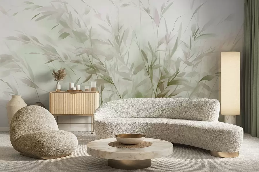 Fototapeedid Õhukeste lehtede ja varrega rohi ja umbrohi, helerohelised ja pruunid värvid, pehmed ja õrnad pintslitõmbed, minimalistlik trükis w09342