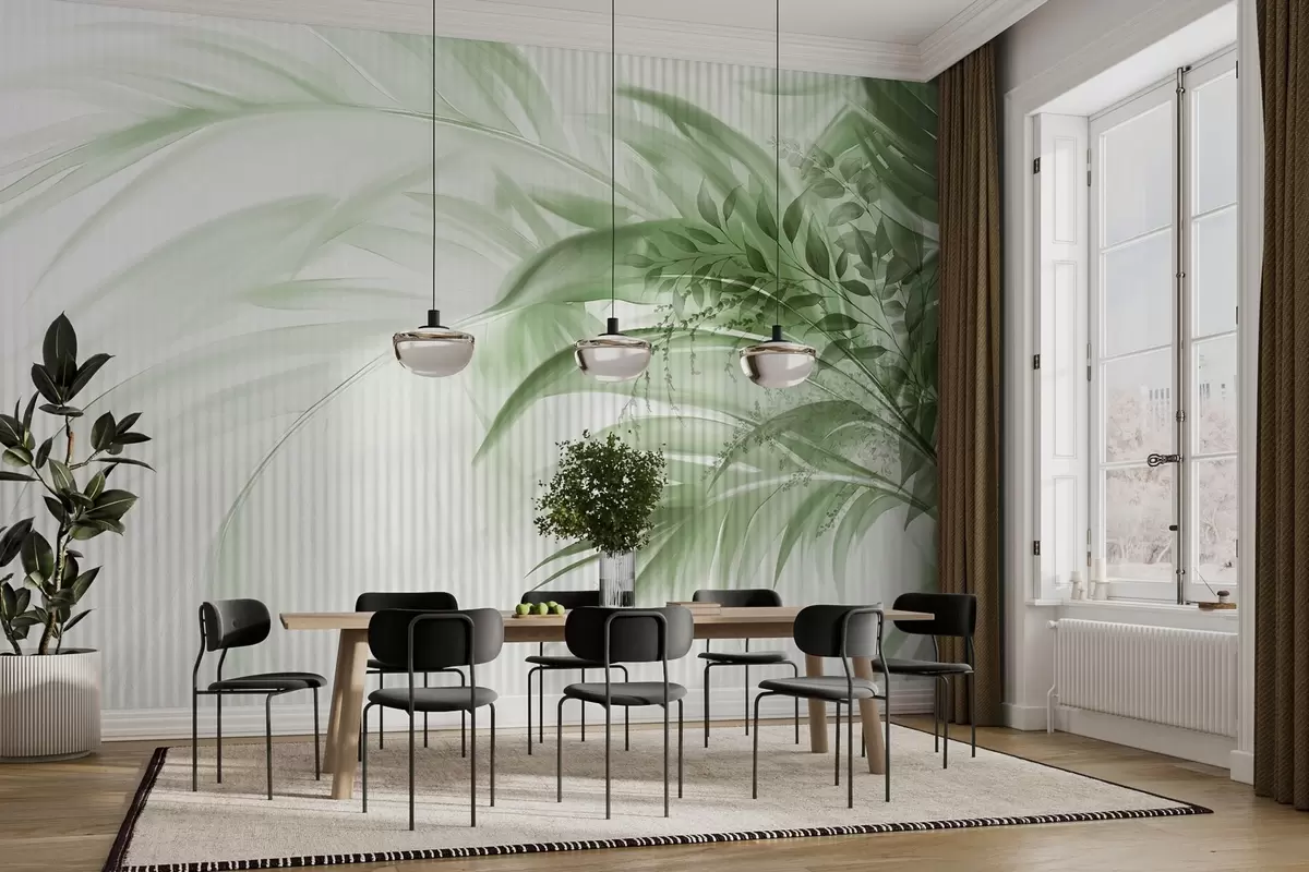 Fototapeedid Palmi troopilised rohelised lehed valge triibulise taustaga, pehme valgustus, õrnad pintslitõmbed, orgaanilised vormid w09343