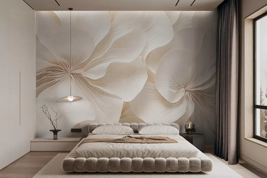 Fototapeedid Lähivõtte kreemjas tekstuuriga lilledest, millel on õrnad, voolavad kroonlehed, mis loovad pehme, elegantse ja tekstuurse lillekompositsiooni w09346