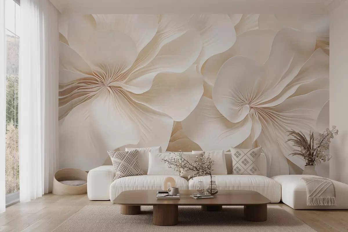 Fototapeedid Lähivõtte kreemjas tekstuuriga lilledest, millel on õrnad, voolavad kroonlehed, mis loovad pehme, elegantse ja tekstuurse lillekompositsiooni w09346