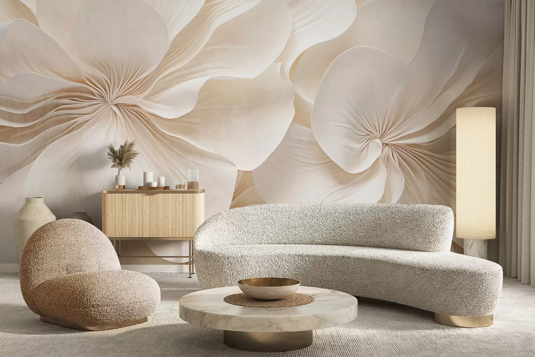 Fototapeedid Lähivõtte kreemjas tekstuuriga lilledest, millel on õrnad, voolavad kroonlehed, mis loovad pehme, elegantse ja tekstuurse lillekompositsiooni w09346