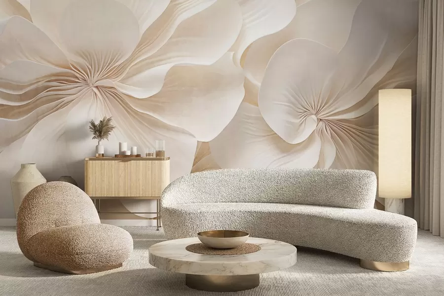 Fototapeedid Lähivõtte kreemjas tekstuuriga lilledest, millel on õrnad, voolavad kroonlehed, mis loovad pehme, elegantse ja tekstuurse lillekompositsiooni w09346