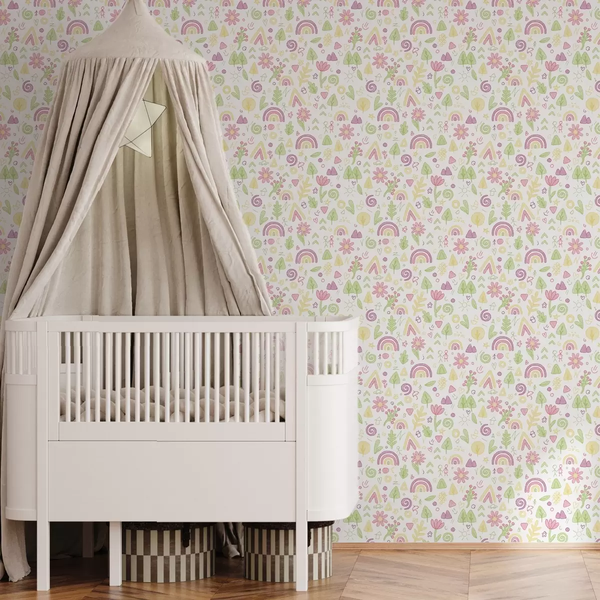Tapeet Laste joonistus koos vikerkaare, lillede ja puudega a00296
