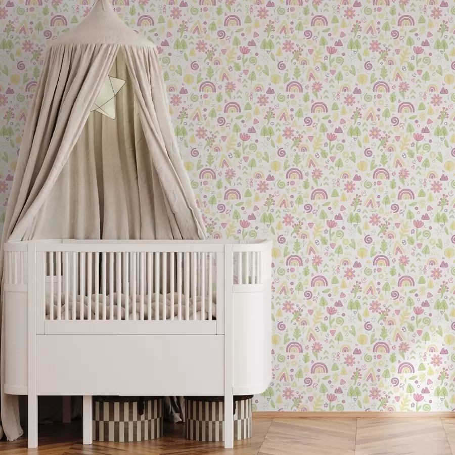 Fototapeedid Laste joonistus koos vikerkaare, lillede ja puudega a00296