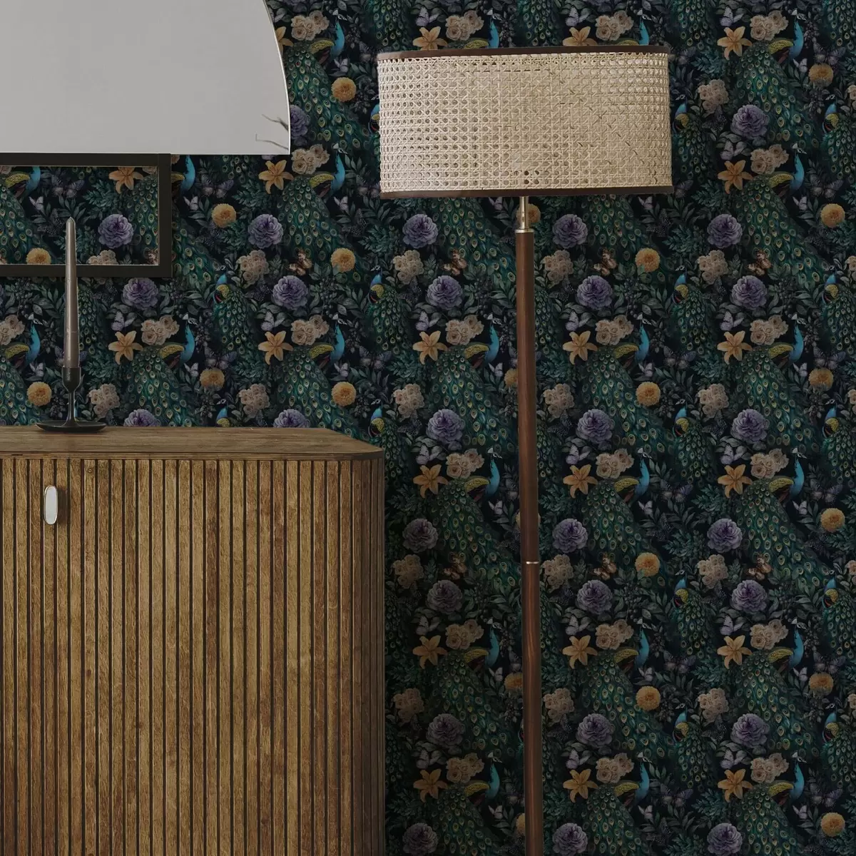 Tapeet Paabulinnud tumedate lillede ja liblikate keskel a00348