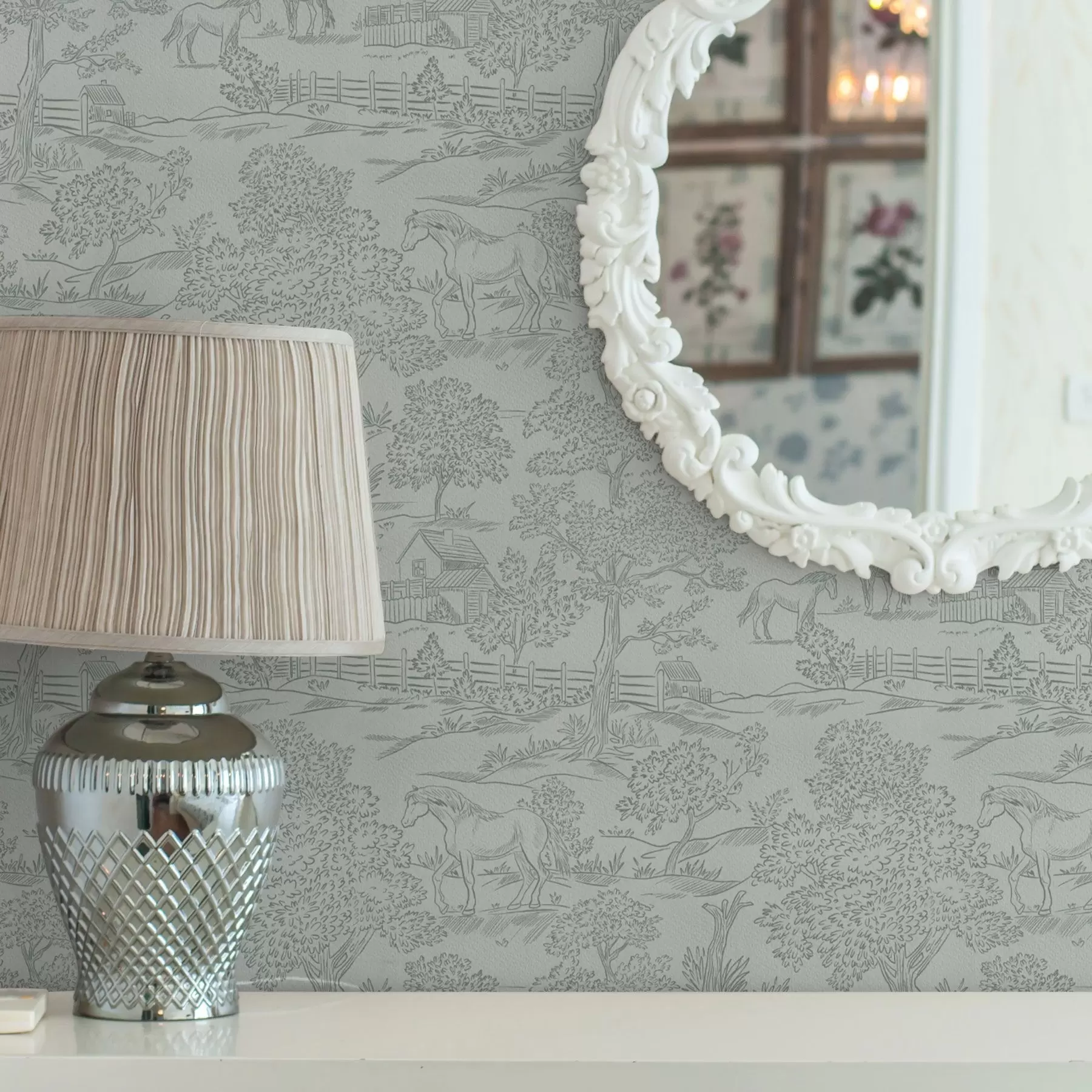 Fototapeedid Roheline ühevärviline maastik hobuste ja majadega a00407