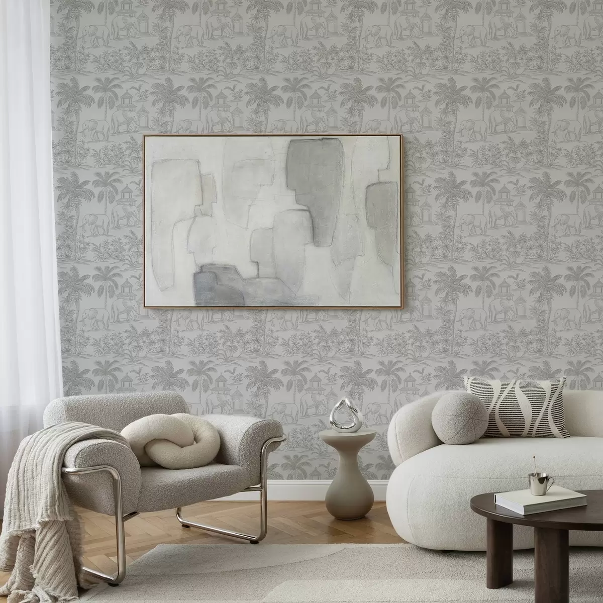 Tapeet Graafilises stiilis ühevärvilised elevandid ja džungel a00410