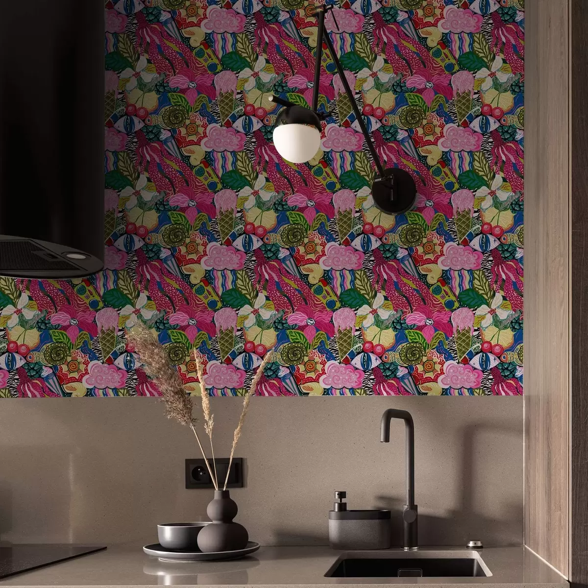 Tapeet Abstraktne pop-art lillede, marjade ja mustritega a00471