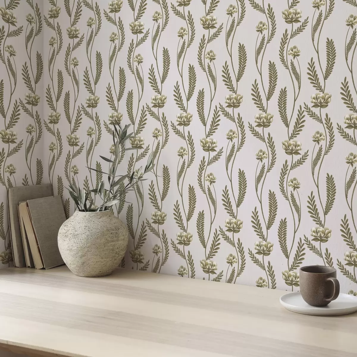 Tapeet Vertikaalne ornament valgete lilledega roosa taustal a00476