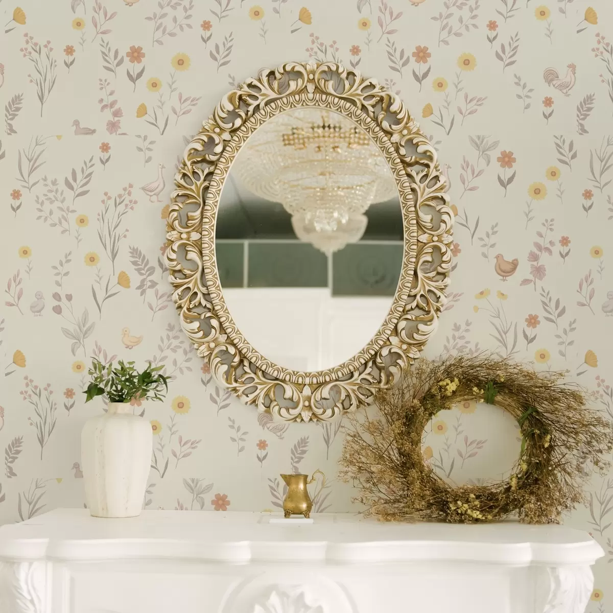 Tapeet Põllulilled ja kanad pehmetes pastelsetes toonides a00478